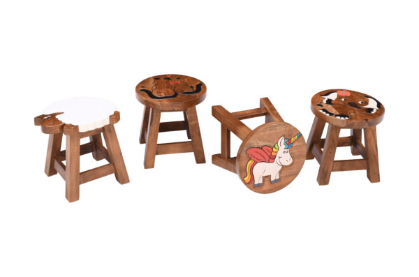 Acacia wood kids stool with charming elephant, cat, sheep, and unicorn paintings – Jayalwal Designs